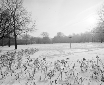 880275 Afbeelding van een dik pak sneeuw op het speelveld in het Julianapark aan de Amsterdamsestraatweg te Utrecht.